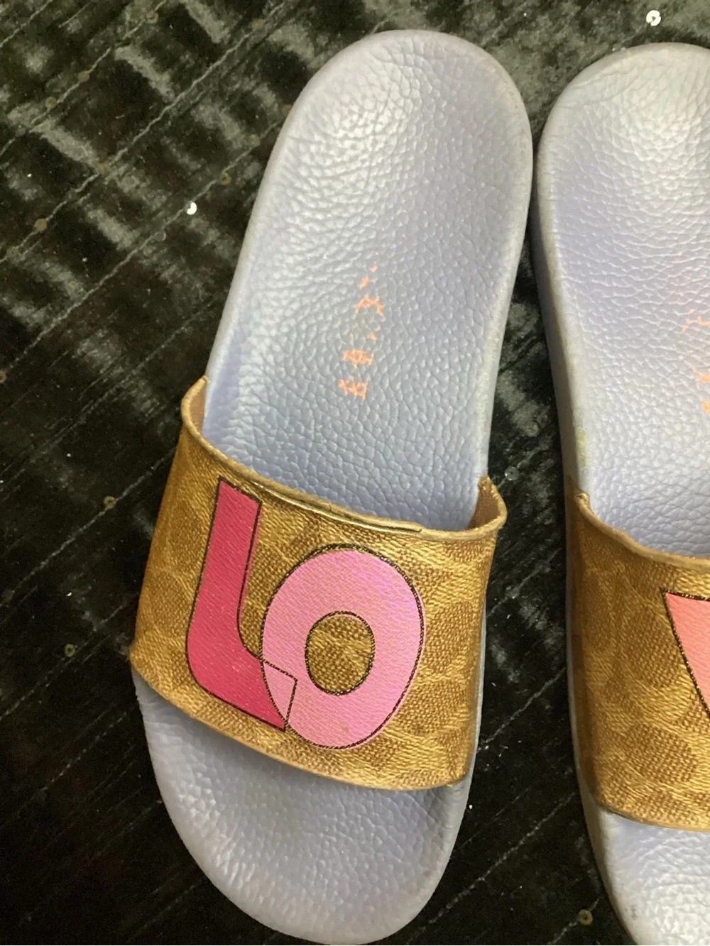 Coach Adele Pink and Gray “LOVE” Appliqué Slide Sandals 8